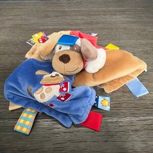 Taggies Puppy Dog Security Blanket Blue Tan Red Plush Sensory Lovey Satin Tags